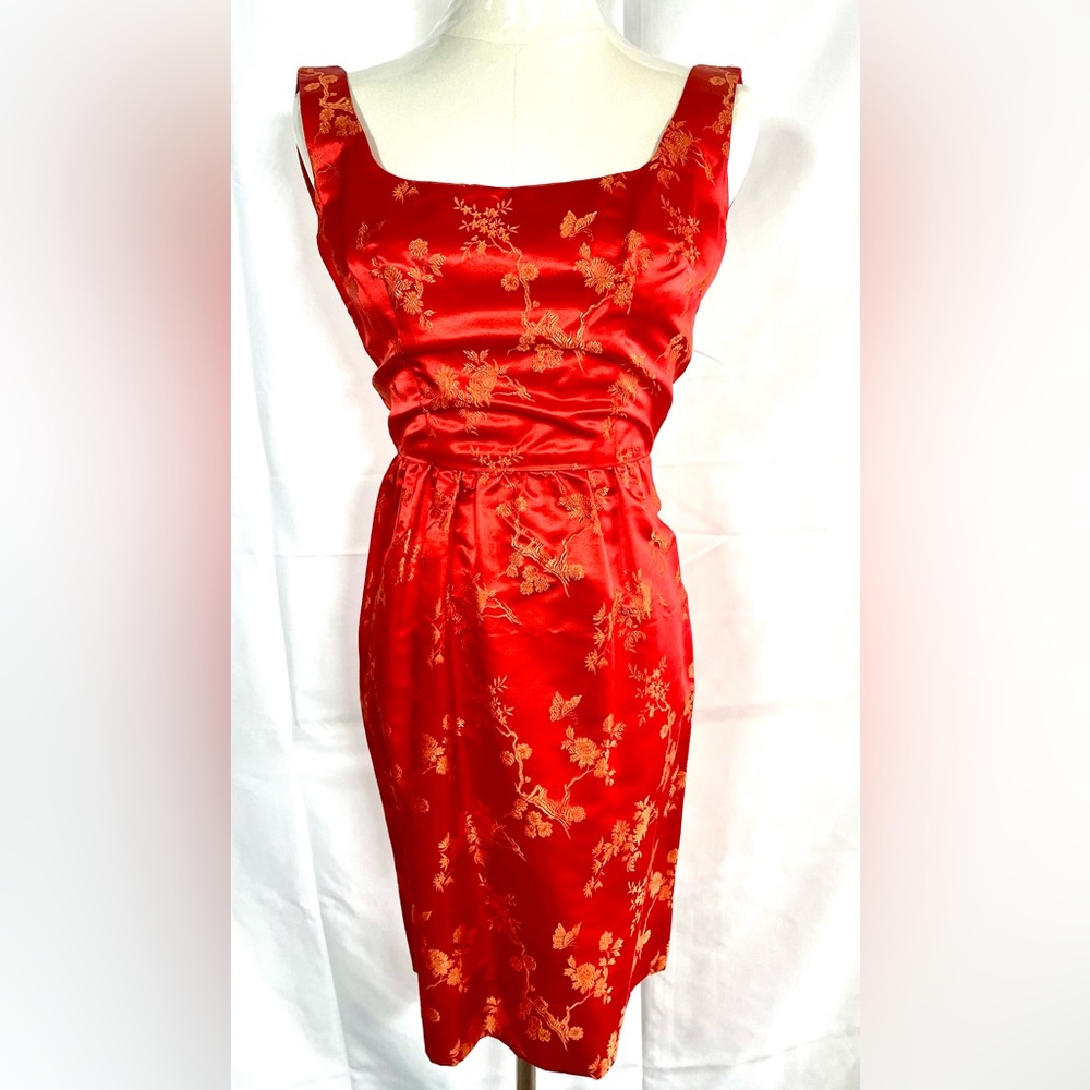 Red & Gold Chinese brocade silky 2-piece pencil dress & cropped jacket size XS - Picture 3 of 16